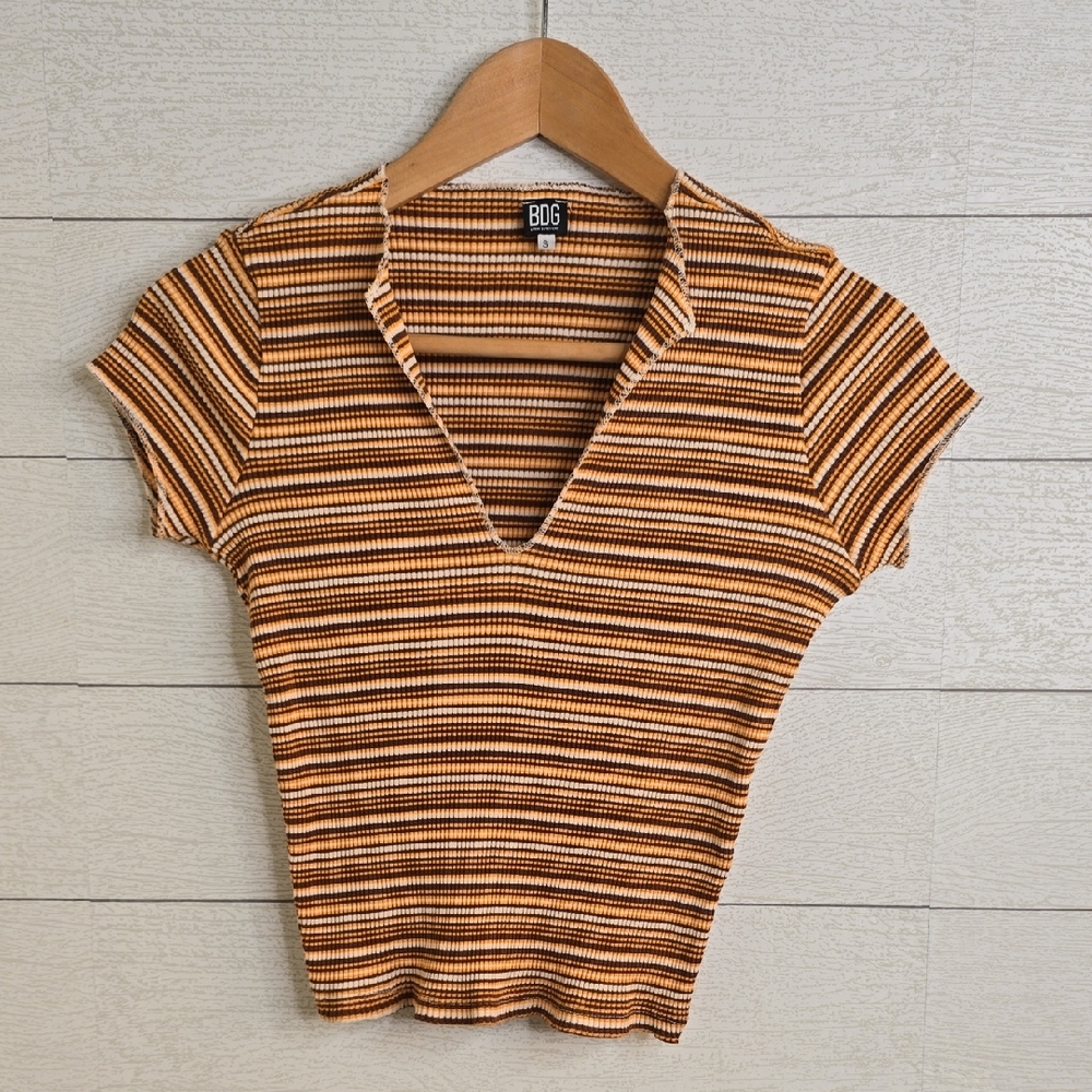 Urban Outfitters Brown Striped V-Neck Tee